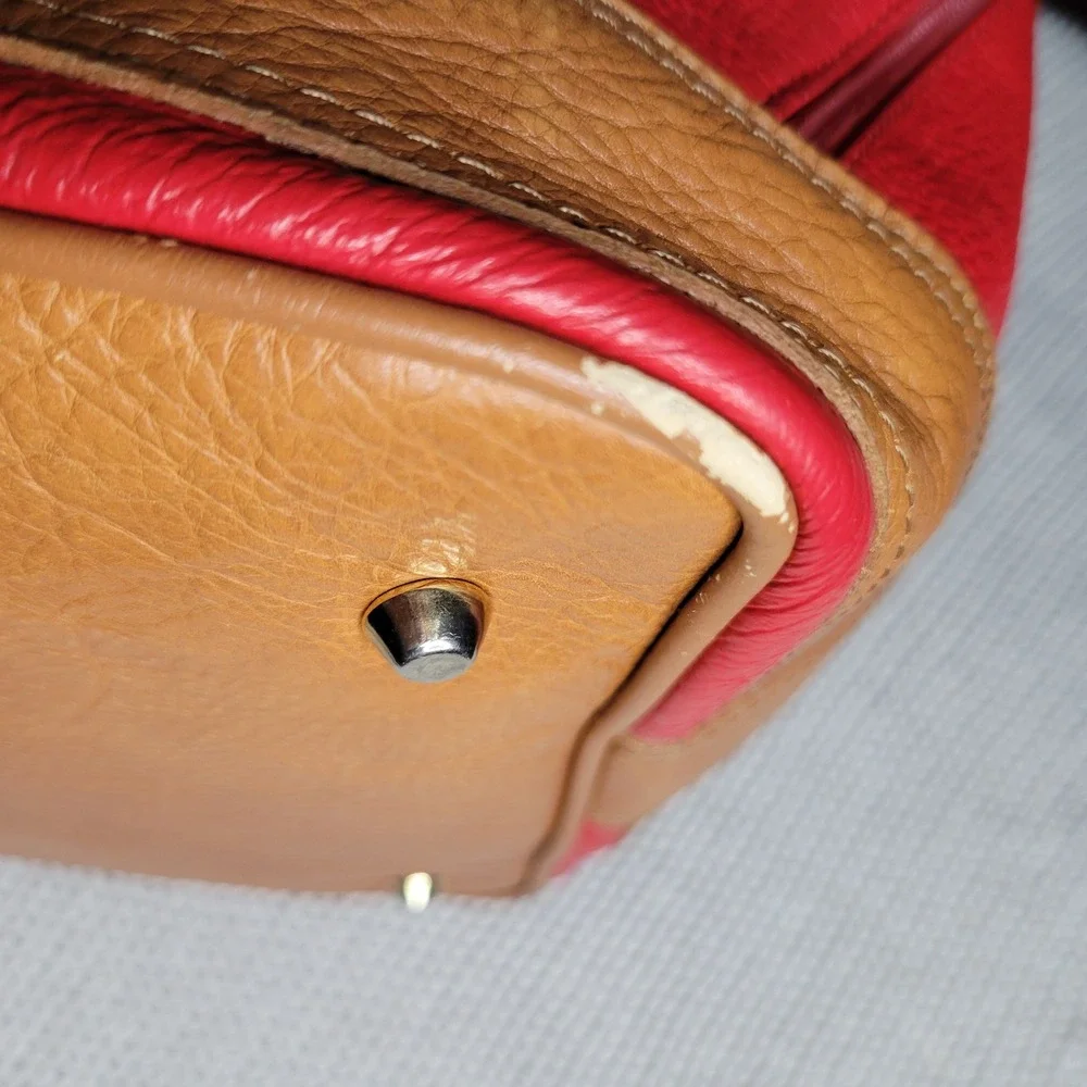 Valentina Red Pebbled Leather Hobo Shoulder Bag Tan Gold Hardware Italian READ
